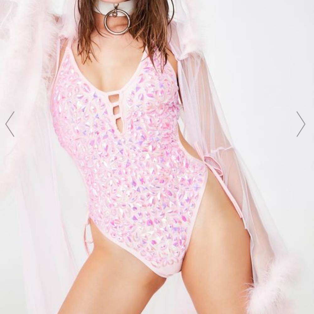 Magical Wonderland x Dolls Kill PINK CANDY JEWELED BODYSUIT (NEW WORN ONCE)